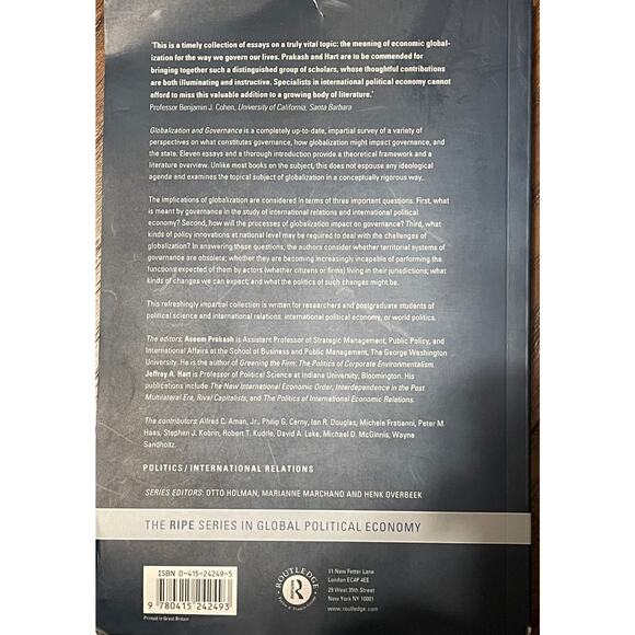 Globalization and Governance Text Book Aseem Prakash and Hart Jeffery A. Hart - Picture 2 of 3